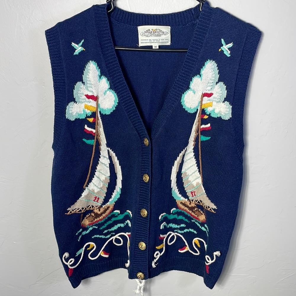 Vintage Susan Bristol Hand Embroidered Navy Sailboat Nautical Sweater Vest Rope